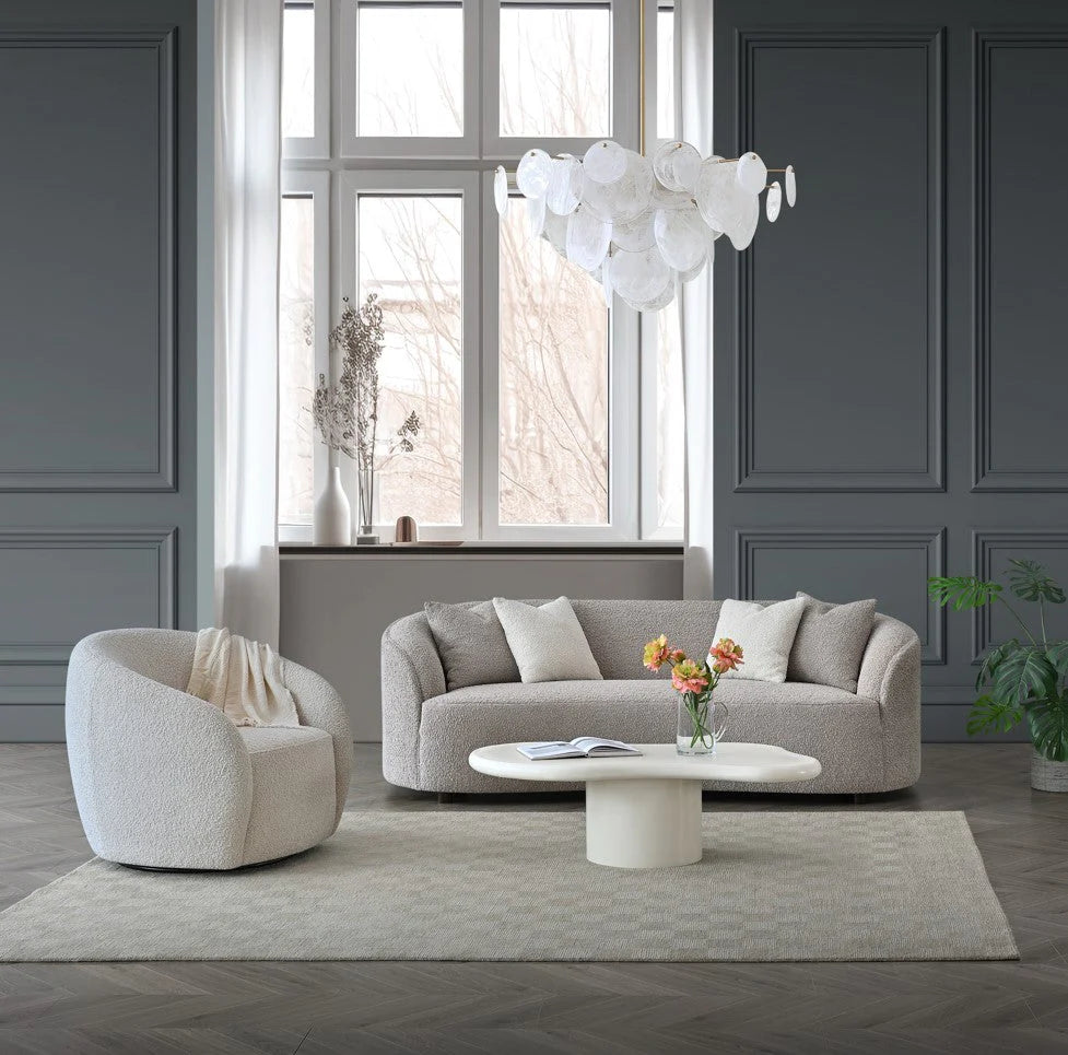 The Solene Sofa and Accent Chair in Latte Boucle